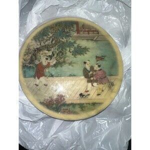 Vintage Chinese Mable Painted Disk, 8” Beautiful Scenery Two Piece